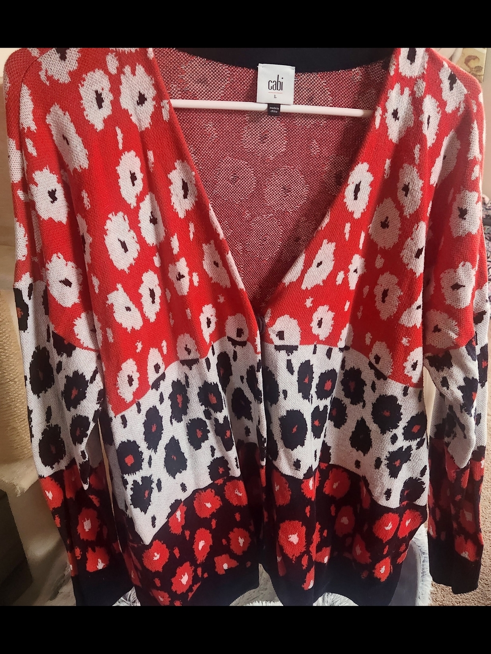 CAbi "Upbeat"  Red, White & Black Floral Leopard Print Cardigan